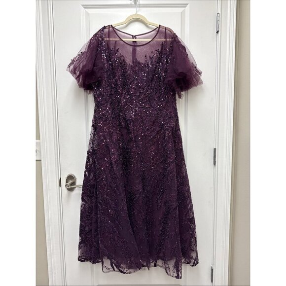 MAC DUGGAL Size 22 Purple 20477 Flutter Sleeve Embellished Cocktail Midi Dress - Picture 4 of 10
